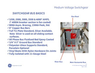 13
SF IAS Electrical Design Seminar
April , 2011
Medium Voltage Switchgear
SWITCHGEAR BUS BASICS
1200, 2000, 3000, 3500 & 4000* AMPS.
(* 4000A breaker section is fan cooled)
80KA Asym. Bracing, 130KA Peak, Std.
6” Copper Bus Bars
Full Tin Plate Standard, Silver Available.
Note Silver is used on all sliding contact
surfaces.
All Phase Bus Fluidized Bed Epoxy Coated
1/4” X 2” Ground Bus Standard
Polyester-Glass Supports Standard,
Porcelain Optional
Vinyl Boots With Nylon Hardware On Joints
Fully Isolated with 11-Gauge Steel
Riser Bus Main Horizontal Bus
Bus Boot
 