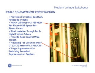 15
SF IAS Electrical Design Seminar
April , 2011
Medium Voltage Switchgear
CABLE COMPARTMENT CONSTRUCTION
Provision For Cable, Bus Duct,
Potheads or REBs
NEMA Drilling For 2-750 MCM
Per Phase With Space For
Stress Cones
Steel Isolation Trough For 2-
High Breaker Cables
Front to Rear Control Wire
Trough
Mounting For Ground Sensor
CT (GSCT) Arrestors, CPTS/CTS
Surge Suppressors For
Switching Transient
Suppression on Feeders
 