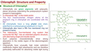 Chlorophyll- Structure and Property
❖ Structure of Chlorophyll
• Chlorophylls are green pigments with polycyclic,
planar structures resembling the protoporphyrin system
present in haemoglobin
• In chlorophyll, Mg2+
is the metal centre
• The four inward-oriented nitrogen atoms of the
porphyrin ring in chlorophyll are coordinated with the
Mg2+
• All chlorophylls have a long phytol side chain,
esterified to a carboxyl-group substituent in ring IV
• Chlorophylls also have a fifth five membered ring not
present in heme
• The heterocyclic five-membered ring system that
surrounds the Mg2+
has an extended polyene structure,
with alternating single and double bonds
• Such polyenes characteristically show strong
absorption in the visible region of the electromagnetic
spectrum
• Chlorophylls have unusually high molar extinction
coefficients (higher light absorbance) and are therefore
particularly well-suited for absorbing visible light during
59
 