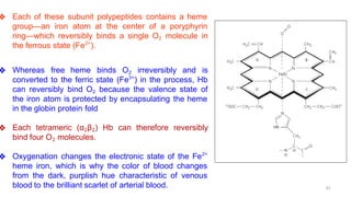 ❖ Whereas free heme binds O2 irreversibly and is
converted to the ferric state (Fe3+
) in the process, Hb
can reversibly bind O2 because the valence state of
the iron atom is protected by encapsulating the heme
in the globin protein fold
❖ Each tetrameric (α2β2) Hb can therefore reversibly
bind four O2 molecules.
❖ Oxygenation changes the electronic state of the Fe2+
heme iron, which is why the color of blood changes
from the dark, purplish hue characteristic of venous
blood to the brilliant scarlet of arterial blood.
❖ Each of these subunit polypeptides contains a heme
group—an iron atom at the center of a poryphyrin
ring—which reversibly binds a single O2 molecule in
the ferrous state (Fe2+
).
65
 