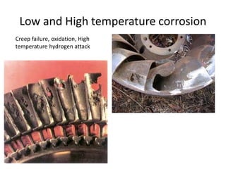 Low and High temperature corrosion
Creep failure, oxidation, High
temperature hydrogen attack
 