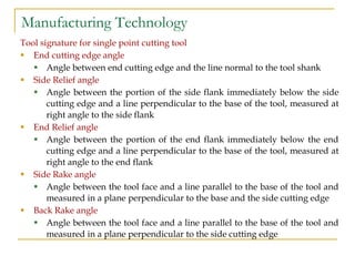 Manufacturing Technology
Tool signature for single point cutting tool
 End cutting edge angle
 Angle between end cutting edge and the line normal to the tool shank
 Side Relief angle
 Angle between the portion of the side flank immediately below the side
cutting edge and a line perpendicular to the base of the tool, measured at
right angle to the side flank
 End Relief angle
 Angle between the portion of the end flank immediately below the end
cutting edge and a line perpendicular to the base of the tool, measured at
right angle to the end flank
 Side Rake angle
 Angle between the tool face and a line parallel to the base of the tool and
measured in a plane perpendicular to the base and the side cutting edge
 Back Rake angle
 Angle between the tool face and a line parallel to the base of the tool and
measured in a plane perpendicular to the side cutting edge
 