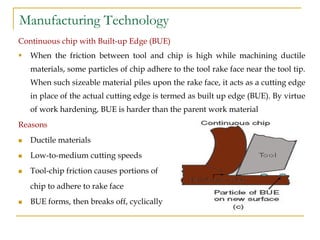 Manufacturing Technology
Continuous chip with Built-up Edge (BUE)
 When the friction between tool and chip is high while machining ductile
materials, some particles of chip adhere to the tool rake face near the tool tip.
When such sizeable material piles upon the rake face, it acts as a cutting edge
in place of the actual cutting edge is termed as built up edge (BUE). By virtue
of work hardening, BUE is harder than the parent work material
Reasons
 Ductile materials
 Low-to-medium cutting speeds
 Tool-chip friction causes portions of
chip to adhere to rake face
 BUE forms, then breaks off, cyclically
 