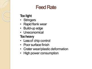 FeedRate
Toolight
• Stringers
• Rapid flank wear
• Build-up edge
• Uneconomical
Tooheavy
• Lossof chip control
• Poor surface finish
• Crater wear/plastic deformation
• High power consumption
 