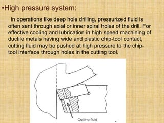 •High pressure system:
In operations like deep hole drilling, pressurized fluid is
often sent through axial or inner spiral holes of the drill. For
effective cooling and lubrication in high speed machining of
ductile metals having wide and plastic chip-tool contact,
cutting fluid may be pushed at high pressure to the chip-
tool interface through holes in the cutting tool.
 