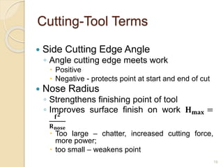 19
Cutting-Tool Terms
 Side Cutting Edge Angle
◦ Angle cutting edge meets work
 Positive
 Negative - protects point at start and end of cut
 Nose Radius
◦ Strengthens finishing point of tool
◦ Improves surface finish on work 𝐇 𝐦𝐚𝐱 =
𝐟 𝟐
𝐑 𝐧𝐨𝐬𝐞
 Too large – chatter, increased cutting force,
more power;
 too small – weakens point
 