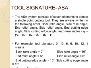 TOOL SIGNATURE- ASA
 The ASA system consists of seven elements to denote
a single point cutting tool. They are always written in
the following order. Back rake angle, Side rake angle,
End relief angle, Side relief angle, End cutting edge
angle, Side cutting edge angle, and nose radius (𝛄 𝐲 −
𝛄 𝐱 , −𝛂 𝐲 , −𝛂 𝐱 , −Ø 𝐞 − Ø 𝐬 − 𝐫)
 For example, tool signature 0, 10, 6, 6, 10, 12, 1
means
Back rake angle = 0° Side rake angle = 10°
End relief angle = 6° Side relief angle = 6°
End cutting edge angle = 10° Side cutting edge angle
= 12°
 