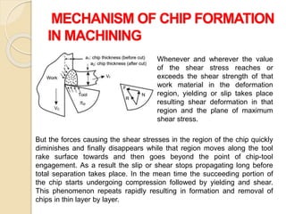 MECHANISM OF CHIP FORMATION
IN MACHINING
Whenever and wherever the value
of the shear stress reaches or
exceeds the shear strength of that
work material in the deformation
region, yielding or slip takes place
resulting shear deformation in that
region and the plane of maximum
shear stress.
But the forces causing the shear stresses in the region of the chip quickly
diminishes and finally disappears while that region moves along the tool
rake surface towards and then goes beyond the point of chip-tool
engagement. As a result the slip or shear stops propagating long before
total separation takes place. In the mean time the succeeding portion of
the chip starts undergoing compression followed by yielding and shear.
This phenomenon repeats rapidly resulting in formation and removal of
chips in thin layer by layer.
 