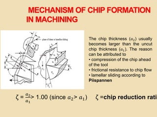 MECHANISM OF CHIP FORMATION
IN MACHINING
The chip thickness (𝑎2) usually
becomes larger than the uncut
chip thickness (𝑎1). The reason
can be attributed to
• compression of the chip ahead
of the tool
• frictional resistance to chip flow
• lamellar sliding according to
Piispannen
ζ =
𝑎2
𝑎1
> 1.00 (since 𝑎2> 𝑎1) ζ =chip reduction ratio
 