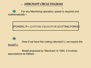 MERCHANT CIRCLE DIAGRAM:
-
-:
For any Machining operation, power is required and
mathematically –
(POWER), P= 𝐶𝑈𝑇𝑇𝐼𝑁𝐺 𝑉𝐸𝐿𝑂𝐶𝐼𝑇𝑌 X (CUTTING FORCE)
Here if we have the cutting velocity(VC), we require the
force(Fc).
Model proposed by ‘Merchant’ in 1944. It involves
assumptions as follows -
 