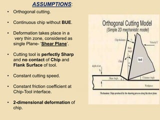 ASSUMPTIONS:
• Orthogonal cutting.
• Continuous chip without BUE.
• Deformation takes place in a
very thin zone, considered as
single Plane- ‘Shear Plane’.
• Cutting tool is perfectly Sharp
and no contact of Chip and
Flank Surface of tool.
• Constant cutting speed.
• Constant friction coefficient at
Chip-Tool interface.
• 2-dimensional deformation of
chip.
 