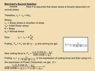 Merchant’s Second Solution
Here it is assumed that shear stress is linearly dependent on
normal stress.
Therefore, τS = τO + KσN
Where,
τS = Shear stress in direction of shear
τO = Initial Shear stress
K = Slope
σN = Normal stress
Now, τS = τO + K
FN
AS
Putting , FN = FS tan (β+ɳ − ɣ) and solving we get,
Now cutting force is, FC =
τS a1 b cos (ɳ − ɣo)
sinβ cos(β+ɳ−ɣo)
Putting, τS =
τo
1 – K tan (β+ɳ−ɣ)
in the expression of cutting force and then using it in
the expression of Power Consumed, we get, U =
τO a1 b cos (ɳ − ɣo)
sinβ cos(β+ɳ−ɣo) {1−K tan(β+ɳ−ɣo)}
V
τS =
τo
1 – K tan (β+ɳ−ɣ)
 