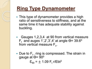 Ring Type Dynamometer
 This type of dynamometer provides a high
ratio of sensitiveness to stiffness, and at the
same time it has adequate stability against
buckling.
 Gauges 1,2,3,4 at 90 from vertical measure
Ft and auges 1’,2’,3’,4’ at angle ϴ= 39.60
from vertical measure Fc.
 Due to Ft , ring is compressed. The strain in
gauge at ϴ= 900
Ɛ90 = ± 1.09 Ft r/Ebt2
 