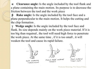 α Clearance angle: Is the angle included by the tool flank and
a plane containing the main motion. Its purpose is to decrease the
friction between the tool and the work piece
β Rake angle: Is the angle included by the tool face and a
plane perpendicular to the main motion. It helps the cutting and
the chip formation .
γ Wedge angle: Is the angle included by the tool face and
flank. Its size depends mainly on the work piece material. If it is
too big than required , the tool will need high force to penetrate
the work piece. At the same time , if it is too small , it will
weaken the tool and cause its rapid failure.
 