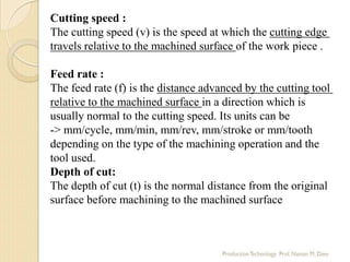 Cutting speed :
cutting edgeThe cutting speed (v) is the speed at which the
of the work piece .travels relative to the machined surface
Feed rate :
distance advanced by the cutting toolThe feed rate (f) is the
in a direction which isrelative to the machined surface
usually normal to the cutting speed. Its units can be
-> mm/cycle, mm/min, mm/rev, mm/stroke or mm/tooth
depending on the type of the machining operation and the
tool used.
Depth of cut:
The depth of cut (t) is the normal distance from the original
surface before machining to the machined surface
 