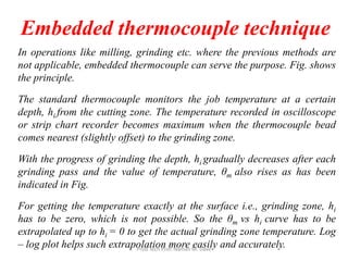 Embedded thermocouple technique
In operations like milling, grinding etc. where the previous methods are
not applicable, embedded thermocouple can serve the purpose. Fig. shows
the principle.
The standard thermocouple monitors the job temperature at a certain
depth, hi from the cutting zone. The temperature recorded in oscilloscope
or strip chart recorder becomes maximum when the thermocouple bead
comes nearest (slightly offset) to the grinding zone.
With the progress of grinding the depth, hi gradually decreases after each
grinding pass and the value of temperature, θm also rises as has been
indicated in Fig.
For getting the temperature exactly at the surface i.e., grinding zone, hi
has to be zero, which is not possible. So the θm vs hi curve has to be
extrapolated up to hi = 0 to get the actual grinding zone temperature. Log
– log plot helps such extrapolation more easily and accurately.Prod Tech Prof. Naman M. Dave
 