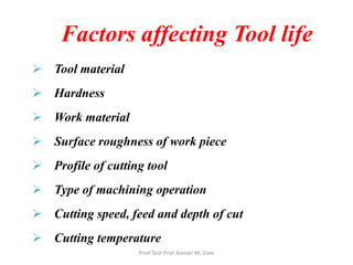 Factors affecting Tool life
 Tool material
 Hardness
 Work material
 Surface roughness of work piece
 Profile of cutting tool
 Type of machining operation
 Cutting speed, feed and depth of cut
 Cutting temperature
Prod Tech Prof. Naman M. Dave
 