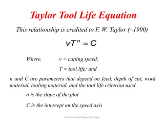 Taylor Tool Life Equation
This relationship is credited to F. W. Taylor (~1900)
CvT n
=
Where, v = cutting speed;
T = tool life; and
n and C are parameters that depend on feed, depth of cut, work
material, tooling material, and the tool life criterion used
n is the slope of the plot
C is the intercept on the speed axis
Prod Tech Prof. Naman M. Dave
 