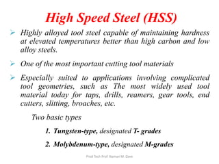 High Speed Steel (HSS)
 Highly alloyed tool steel capable of maintaining hardness
at elevated temperatures better than high carbon and low
alloy steels.
 One of the most important cutting tool materials
 Especially suited to applications involving complicated
tool geometries, such as The most widely used tool
material today for taps, drills, reamers, gear tools, end
cutters, slitting, broaches, etc.
Two basic types
1. Tungsten-type, designated T- grades
2. Molybdenum-type, designated M-grades
Prod Tech Prof. Naman M. Dave
 