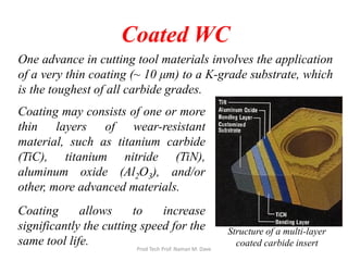 Coated WC
One advance in cutting tool materials involves the application
of a very thin coating (~ 10 μm) to a K-grade substrate, which
is the toughest of all carbide grades.
Coating may consists of one or more
thin layers of wear-resistant
material, such as titanium carbide
(TiC), titanium nitride (TiN),
aluminum oxide (Al2O3), and/or
other, more advanced materials.
Coating allows to increase
significantly the cutting speed for the
same tool life.
Structure of a multi-layer
coated carbide insert
Prod Tech Prof. Naman M. Dave
 