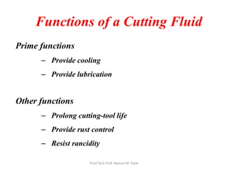 Functions of a Cutting Fluid
Prime functions
– Provide cooling
– Provide lubrication
Other functions
– Prolong cutting-tool life
– Provide rust control
– Resist rancidity
Prod Tech Prof. Naman M. Dave
 