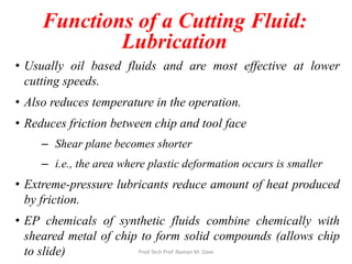 Functions of a Cutting Fluid:
Lubrication
• Usually oil based fluids and are most effective at lower
cutting speeds.
• Also reduces temperature in the operation.
• Reduces friction between chip and tool face
– Shear plane becomes shorter
– i.e., the area where plastic deformation occurs is smaller
• Extreme-pressure lubricants reduce amount of heat produced
by friction.
• EP chemicals of synthetic fluids combine chemically with
sheared metal of chip to form solid compounds (allows chip
to slide) Prod Tech Prof. Naman M. Dave
 