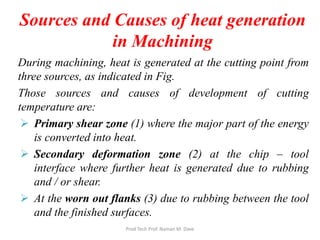 Sources and Causes of heat generation
in Machining
During machining, heat is generated at the cutting point from
three sources, as indicated in Fig.
Those sources and causes of development of cutting
temperature are:
 Primary shear zone (1) where the major part of the energy
is converted into heat.
 Secondary deformation zone (2) at the chip – tool
interface where further heat is generated due to rubbing
and / or shear.
 At the worn out flanks (3) due to rubbing between the tool
and the finished surfaces.
Prod Tech Prof. Naman M. Dave
 