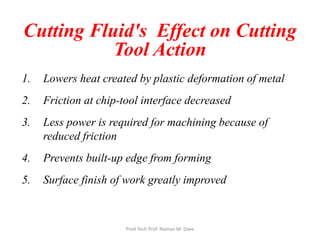 Cutting Fluid's Effect on Cutting
Tool Action
1. Lowers heat created by plastic deformation of metal
2. Friction at chip-tool interface decreased
3. Less power is required for machining because of
reduced friction
4. Prevents built-up edge from forming
5. Surface finish of work greatly improved
Prod Tech Prof. Naman M. Dave
 