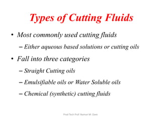 Types of Cutting Fluids
• Most commonly used cutting fluids
– Either aqueous based solutions or cutting oils
• Fall into three categories
– Straight Cutting oils
– Emulsifiable oils or Water Soluble oils
– Chemical (synthetic) cutting fluids
Prod Tech Prof. Naman M. Dave
 