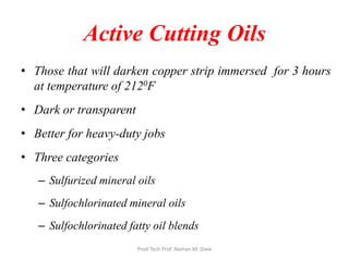 Active Cutting Oils
• Those that will darken copper strip immersed for 3 hours
at temperature of 2120F
• Dark or transparent
• Better for heavy-duty jobs
• Three categories
– Sulfurized mineral oils
– Sulfochlorinated mineral oils
– Sulfochlorinated fatty oil blends
Prod Tech Prof. Naman M. Dave
 