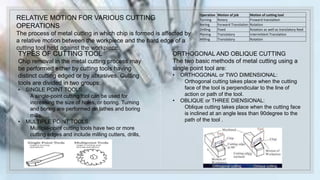 RELATIVE MOTION FOR VARIOUS CUTTING
OPERATIONS
The process of metal cutting in which chip is formed is affected by
a relative motion between the workpiece and the hard edge of a
cutting tool held against the workpiece.
TYPES OF CUTTING TOOL
Chip removal in the metal cutting process may
be performed either by cutting tools having
distinct cutting edged or by abrasives. Cutting
tools are divided in two groups:
• SINGLE POINT TOOLS:
A single-point cutting tool can be used for
increasing the size of holes, or boring. Turning
and boring are performed on lathes and boring
mills.
• MULTIPLE POINT TOOLS:
Multiple-point cutting tools have two or more
cutting edges and include milling cutters, drills,
and broaches.
Operation Motion of job Motion of cutting tool
Turning Rotary Froward translation
Boring Forward Translation Rotation
Drilling Fixed Rotation as well as translatory feed
Planing Translatory Intermittent Translation
Milling Translatory Rotation
ORTHOGONAL AND OBLIQUE CUTTING
The two basic methods of metal cutting using a
single point tool are:
• ORTHOGONAL or TWO DIMENSIONAL:
Orthogonal cutting takes place when the cutting
face of the tool is perpendicular to the line of
action or path of the tool.
• OBLIQUE or THREE DIENSIONAL:
Oblique cutting takes place when the cutting face
is inclined at an angle less than 90degree to the
path of the tool .
 