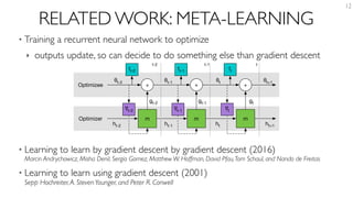 RELATED WORK: META-LEARNING
• Training a recurrent neural network to optimize
‣ outputs update, so can decide to do something else than gradient descent
• Learning to learn by gradient descent by gradient descent (2016) 
Marcin Andrychowicz, Misha Denil, Sergio Gomez, Matthew W. Hoffman, David Pfau,Tom Schaul, and Nando de Freitas
• Learning to learn using gradient descent (2001) 
Sepp Hochreiter,A. StevenYounger, and Peter R. Conwell
12
Optimizee
Optimizer
t-2 t-1 t
m m m
+ + +
ft-1 ftft-2
∇t-2 ∇t-1 ∇t
ht-2 ht-1 ht ht+1
gt-1 gt
θt-2 θt-1 θt θt+1
gt-2
Figure 2: Computational graph used for computing the gradient of the optimizer.
2.1 Coordinatewise LSTM optimizer
One challenge in applying RNNs in our setting is that we want to be able to optimize at least tens of
thousands of parameters. Optimizing at this scale with a fully connected RNN is not feasible as it
 