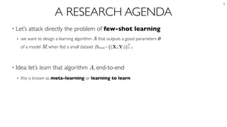 A RESEARCH AGENDA
• Let’s attack directly the problem of few-shot learning
‣ we want to design a learning algorithm A that outputs a good parameters 𝜽 
of a model M, when fed a small dataset Dtrain={(Xt,Yt)}t=1
• Idea: let’s learn that algorithm A, end-to-end
‣ this is known as meta-learning or learning to learn
4
T
 