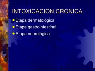 INTOXICACION CRONICA <ul><li>Etapa dermatológica </li></ul><ul><li>Etapa gastrointestinal </li></ul><ul><li>Etapa neurológ...