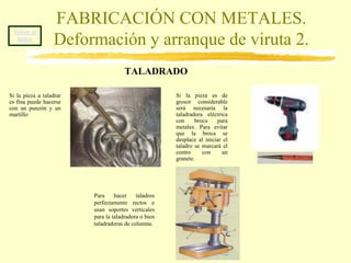 Volver al índiceFABRICACIÓN CON METALES. Deformación y arranque de viruta 1.DEFORMACIÓN. El trabajo por deformación se realiza con las herramientas y las técnicas adecuadas al material que se esté trabajando. El trabajo con chapa exige siempre el uso de guantes para evitar cortarse. Muchos alambres se pueden doblar con las manos, sin embargo los doblados de cierta precisión otros deben hacerse con alicates. el uso de alicates. Si la chapa no es muy gruesa y se quiere doblar en ángulo diedro podemos apoyarnos en el borde de la mesa de trabajo.Si se pretende que la pieza se doble en forma de u, redonda, o de otra forma particular debe usarse un molde Si la chapa es gruesa y se desea doblar en ángulo diedro debe usarse un tornillo de banco para sujetar, un taco para amortiguar el golpe y un martillo para golpear.Para doblar chapas gruesas con formas especiales deben usarse los moldes sujetos al tornillo de banco.