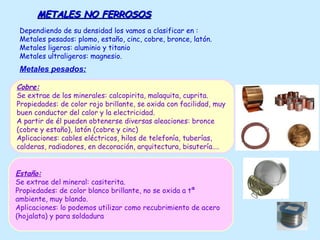 METALES NO FERROSOS
Dependiendo de su densidad los vamos a clasificar en :
Metales pesados: plomo, estaño, cinc, cobre, bronce, latón.
Metales ligeros: aluminio y titanio
Metales ultraligeros: magnesio.

Metales pesados:
Cobre:
Se extrae de los minerales: calcopirita, malaquita, cuprita.
Propiedades: de color rojo brillante, se oxida con facilidad, muy
buen conductor del calor y la electricidad.
A partir de él pueden obtenerse diversas aleaciones: bronce
(cobre y estaño), latón (cobre y cinc)
Aplicaciones: cables eléctricos, hilos de telefonía, tuberías,
calderas, radiadores, en decoración, arquitectura, bisutería….
Estaño:
Se extrae del mineral: casiterita.
Propiedades: de color blanco brillante, no se oxida a tª
ambiente, muy blando.
Aplicaciones: lo podemos utilizar como recubrimiento de acero
(hojalata) y para soldadura

 