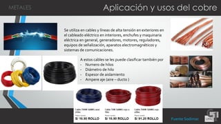 Aplicación y usos del cobre
Se utiliza en cables y líneas de alta tensión en exteriores en
el cableado eléctrico en interiores, enchufes y maquinaria
eléctrica en general, generadores, motores, reguladores,
equipos de señalización, aparatos electromagnéticos y
sistemas de comunicaciones.
METALES
A estos cables se les puede clasificar también por
- Numero de hilos
- Diámetro de hilo
- Espesor de aislamiento
- Ampere aje (aire – ducto )
Fuente Sodimac
 