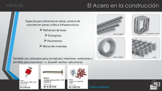 Especial para refuerzos en obras, amarre de
concreto en obras civiles e infraestructura:
Refuerzos de losas
Entrepisos
Pavimentos
Muros de viviendas
El Acero en la construcciónMETALES
También son utilizados para cerraduras ( interiores –exteriores ),
tornillos para concretos – s. drywall- techos- estructuras
Fuente Sodimac
 