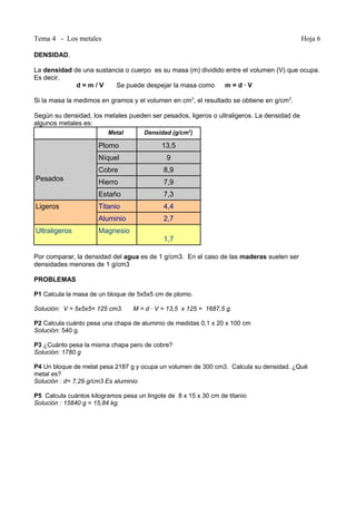 Tema 4 - Los metales Hoja 6
DENSIDAD.
La densidad de una sustancia o cuerpo es su masa (m) dividido entre el volumen (V) que ocupa.
Es decir,
d = m / V Se puede despejar la masa como m = d · V
Si la masa la medimos en gramos y el volumen en cm3
, el resultado se obtiene en g/cm3
.
Según su densidad, los metales pueden ser pesados, ligeros o ultraligeros. La densidad de
algunos metales es:
Metal Densidad (g/cm3
)
Pesados
Plomo 13,5
Níquel 9
Cobre 8,9
Hierro 7,9
Estaño 7,3
Ligeros Titanio 4,4
Aluminio 2,7
Ultraligeros Magnesio
1,7
Por comparar, la densidad del agua es de 1 g/cm3. En el caso de las maderas suelen ser
densidades menores de 1 g/cm3
PROBLEMAS
P1 Calcula la masa de un bloque de 5x5x5 cm de plomo.
Solución: V = 5x5x5= 125 cm3. M = d · V = 13,5 x 125 = 1687,5 g.
P2 Calcula cuánto pesa una chapa de aluminio de medidas 0,1 x 20 x 100 cm
Solución: 540 g.
P3 ¿Cuánto pesa la misma chapa pero de cobre?
Solución: 1780 g
P4 Un bloque de metal pesa 2187 g y ocupa un volumen de 300 cm3. Calcula su densidad. ¿Qué
metal es?
Solución : d= 7,29 g/cm3 Es aluminio
P5 Calcula cuántos kilogramos pesa un lingote de 8 x 15 x 30 cm de titanio
Solución : 15840 g = 15,84 kg.
 