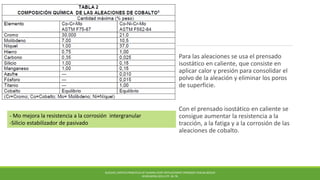 Para las aleaciones se usa el prensado
isostático en caliente, que consiste en
aplicar calor y presión para consolidar el
polvo de la aleación y eliminar los poros
de superficie.
Con el prensado isostático en caliente se
consigue aumentar la resistencia a la
tracción, a la fatiga y a la corrosión de las
aleaciones de cobalto.
- Mo mejora la resistencia a la corrosión intergranular
-Silicio estabilizador de pasivado
BUECHEL,PAPPAS PRINCIPLES OF HUMAN JOINT REPLACEMENT.SPRINGER-VERLAG BERLIN
HEIDELBERG (2011) PP. 36-78.
 