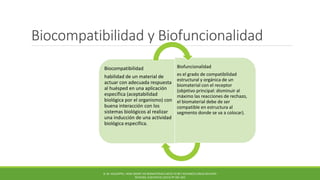 Biocompatibilidad y Biofuncionalidad
Biocompatibilidad
habilidad de un material de
actuar con adecuada respuesta
al huésped en una aplicación
específica (aceptabilidad
biológica por el organismo) con
buena interacción con los
sistemas biológicos al realizar
una inducción de una actividad
biológica especifica.
Biofuncionalidad
es el grado de compatibilidad
estructural y orgánica de un
biomaterial con el receptor
(objetivo principal: disminuir al
máximo las reacciones de rechazo,
el biomaterial debe de ser
compatible en estructura al
segmento donde se va a colocar).
B. M. HOLZAPFEL. HOW SMART DO BIOMATERIALS NEED TO BE? ADVANCED DRUG DELIVERY
REVIEWS, ELSEVIER 65 (2013) PP.581-603
 