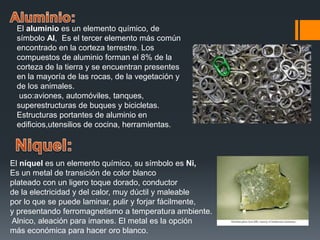 El aluminio es un elemento químico, de
símbolo Al, Es el tercer elemento más común
encontrado en la corteza terrestre. Los
compuestos de aluminio forman el 8% de la
corteza de la tierra y se encuentran presentes
en la mayoría de las rocas, de la vegetación y
de los animales.
uso:aviones, automóviles, tanques,
superestructuras de buques y bicicletas.
Estructuras portantes de aluminio en
edificios,utensilios de cocina, herramientas.
El níquel es un elemento químico, su símbolo es Ni,
Es un metal de transición de color blanco
plateado con un ligero toque dorado, conductor
de la electricidad y del calor, muy dúctil y maleable
por lo que se puede laminar, pulir y forjar fácilmente,
y presentando ferromagnetismo a temperatura ambiente.
Alnico, aleación para imanes. El metal es la opción
más económica para hacer oro blanco.
 