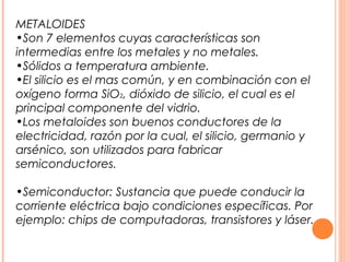 METALOIDES
•Son 7 elementos cuyas características son
intermedias entre los metales y no metales.
•Sólidos a temperatura ambiente.
•El silicio es el mas común, y en combinación con el
oxígeno forma SiO2, dióxido de silicio, el cual es el
principal componente del vidrio.
•Los metaloides son buenos conductores de la
electricidad, razón por la cual, el silicio, germanio y
arsénico, son utilizados para fabricar
semiconductores.

•Semiconductor: Sustancia que puede conducir la
corriente eléctrica bajo condiciones específicas. Por
ejemplo: chips de computadoras, transistores y láser.
 