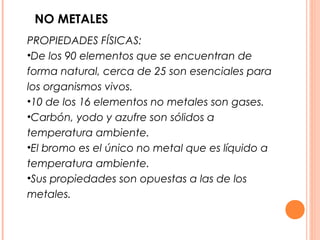NO METALES
PROPIEDADES FÍSICAS:
•De los 90 elementos que se encuentran de
forma natural, cerca de 25 son esenciales para
los organismos vivos.
•10 de los 16 elementos no metales son gases.
•Carbón, yodo y azufre son sólidos a
temperatura ambiente.
•El bromo es el único no metal que es líquido a
temperatura ambiente.
•Sus propiedades son opuestas a las de los
metales.
 