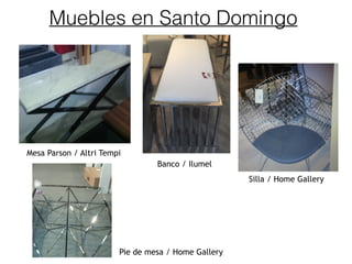 Muebles en Santo Domingo
Mesa Parson / Altri Tempi
Banco / Ilumel
Silla / Home Gallery
Pie de mesa / Home Gallery
 