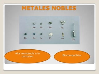 METALES NOBLES




Alta resistencia a la
      corrosión         Biocompatibles
 