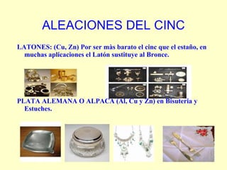 APLICACIONES -   En procesos industriales:  METALIZADO: de superficies para  protección  de la  corrosión GALVANIZADO: Recubrimiento del acero o el h ierro por una fina capa de cinc para protegerlos de al  corrosión , se utiliza en :  Automóviles ,  Electrodomésticos ,  Construcción , Aparatos  eléctricos  etc. - Por su resistencia al agua y a la corrosión,  Tejados, Canalones y Alambres de cierre. 