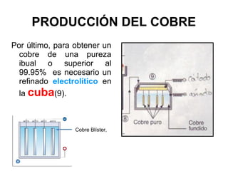 PRODUCCIÓN DEL COBRE
Por último, para obtener un
  cobre de una pureza
  ibual o superior al
  99.95% es necesario un
  refinado electrolítico en
  la cuba(9).



                 Cobre Blíster,
 
