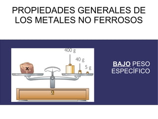 PROPIEDADES GENERALES DE
 LOS METALES NO FERROSOS



                 BAJO PESO
                 ESPECÍFICO
 