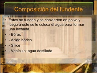 Composición del fundenteEstos se funden y se convierten en polvo y luego a este se le coloca el agua para formar una lechada.- Bórax- Ácido bórico- Sílice- Vehículo: agua destilada